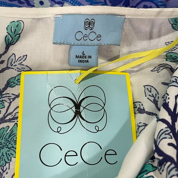 CECE (NWT) Sleeveless V-Neck Mini Dress Border Print Floral, White/Blue - L - Picture 9 of 12